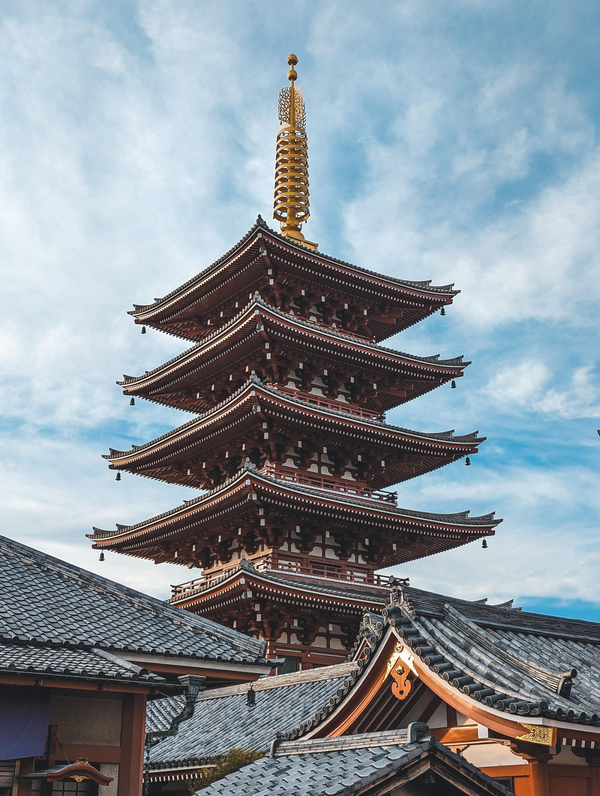 Senso-ji's five-story pagoda against a blue sky in Asakusa, Tokyo