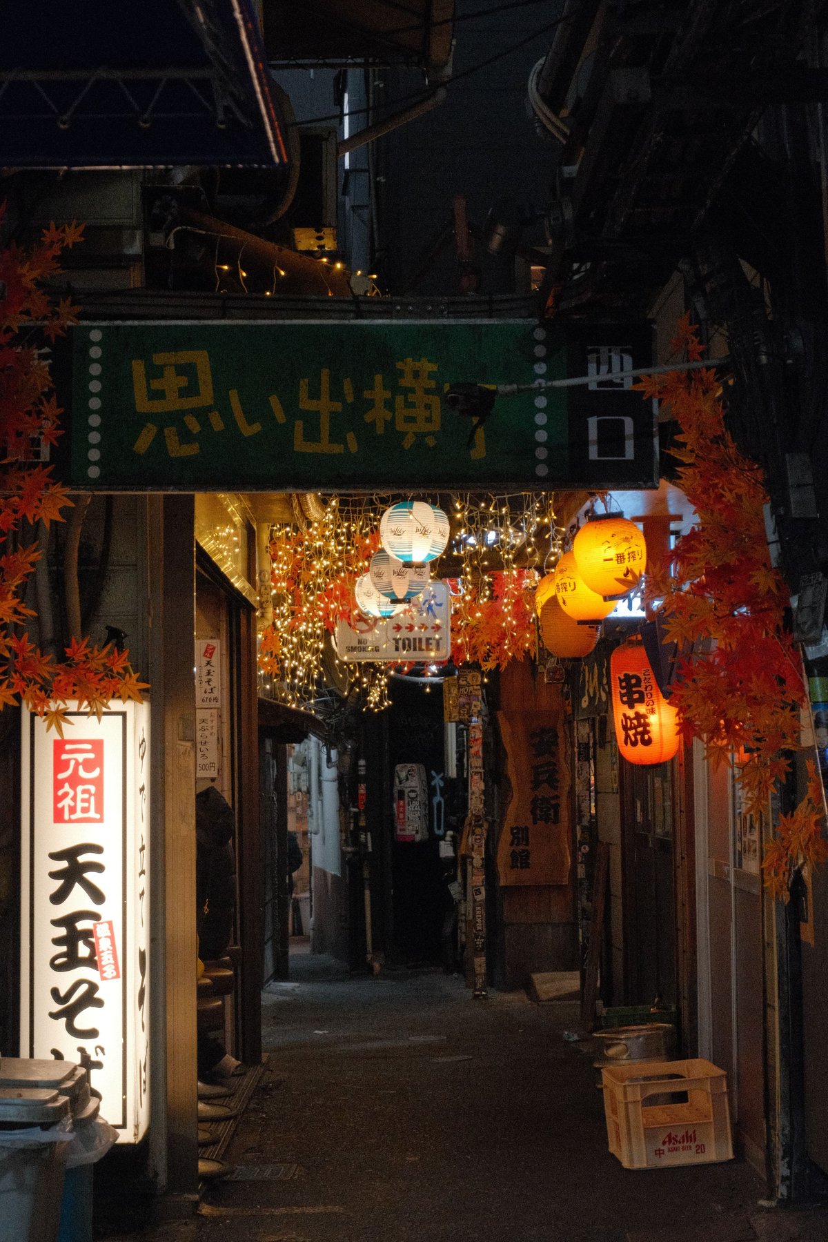 A lantern-lit Shinjuku alley entrance at night with autumn foliage