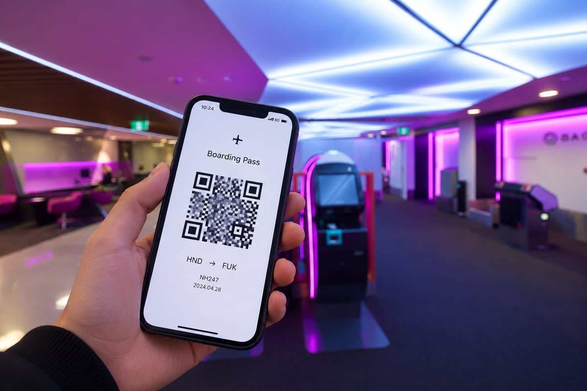 A hand holding a smartphone showing a boarding pass QR code in an airport lounge