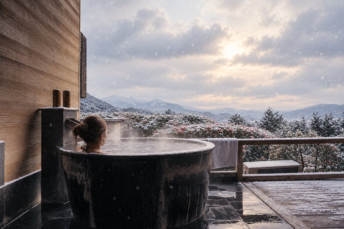 AI-generated back-view bather in a wooden outdoor tub with falling snow