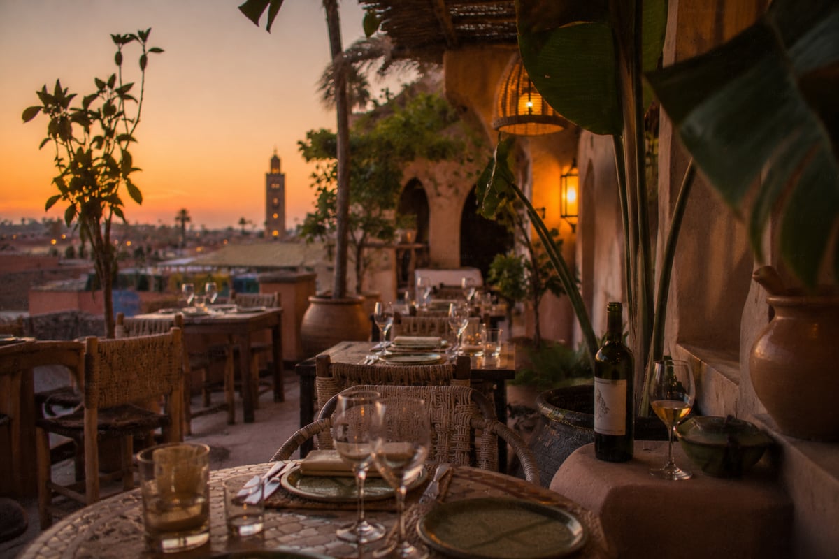 Bottles of Moroccan wine on a restaurant table, no faces