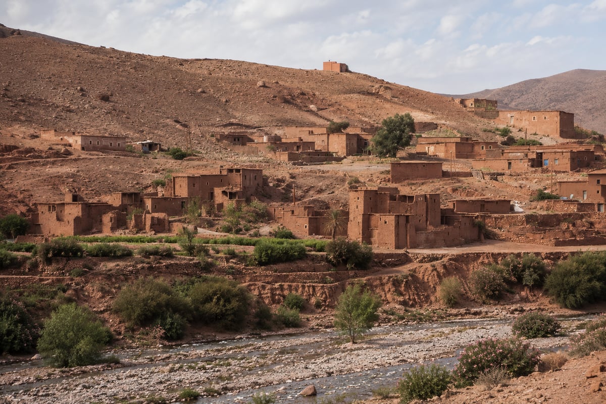 A High Atlas valley with a Berber village and terraced fields, no clear faces