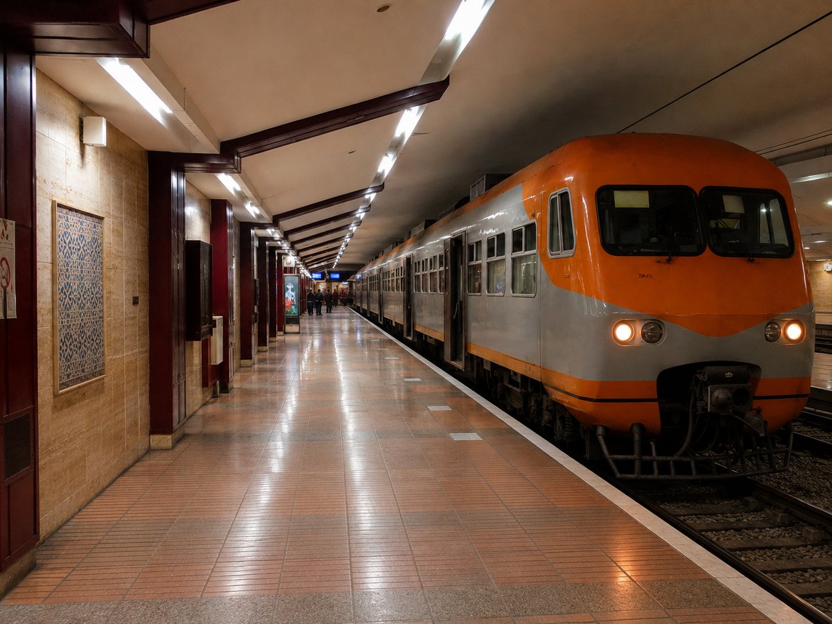 An ONCF train at the Casablanca airport station platform, no faces