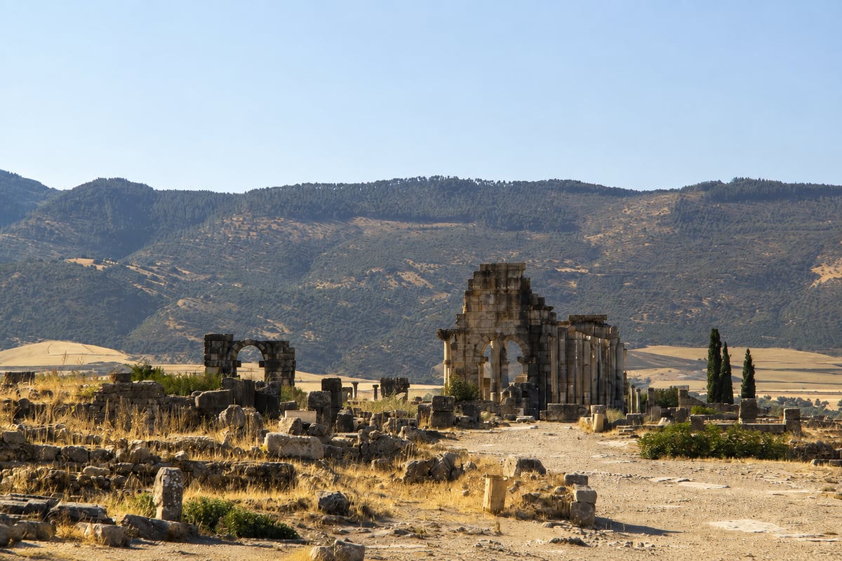 The Roman columns of Volubilis against the Moroccan countryside, no clear faces
