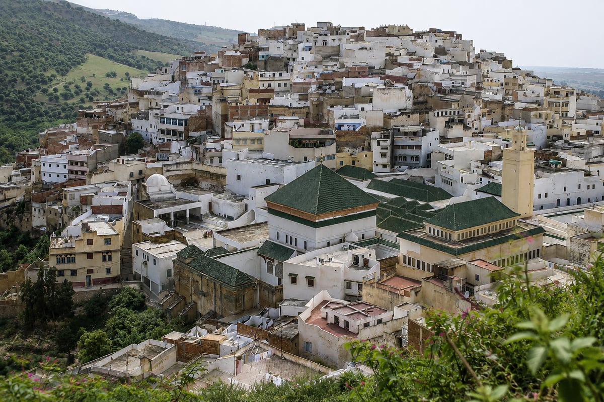 The whitewashed hilltown of Moulay Idriss on its two hills, no clear faces