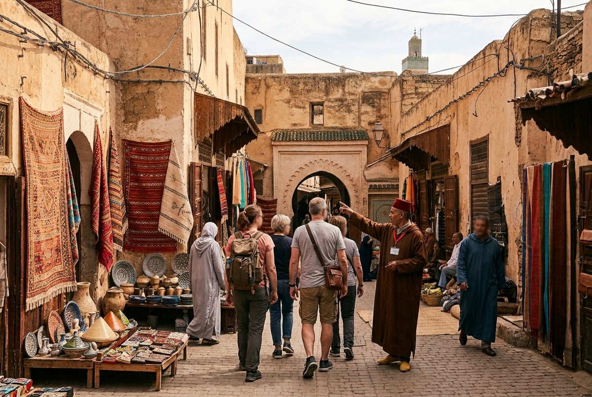 A licensed guide badge or a guide leading a small group in a medina, no clear faces