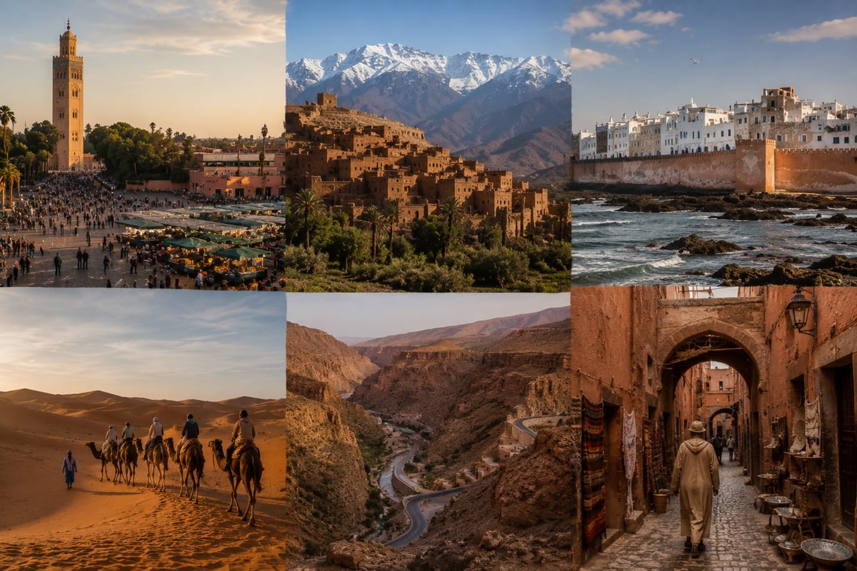 A calendar-suggesting montage of Moroccan scenes, city to desert, no faces