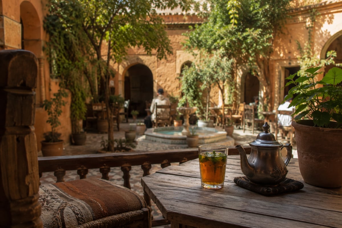A relaxed Moroccan scene suggesting unhurried travel, no clear faces
