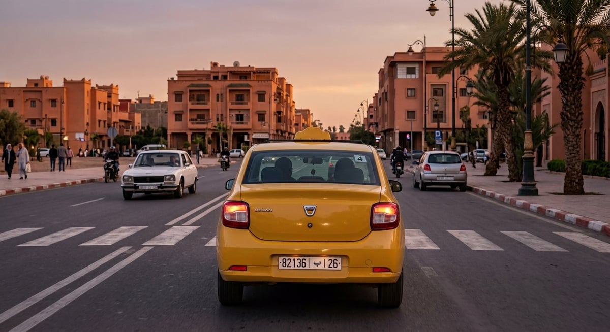 The exterior of Marrakech Menara airport with taxis waiting, no clear faces