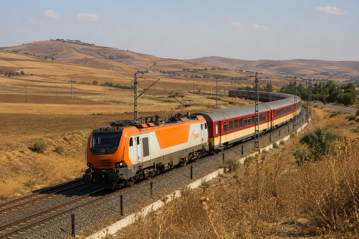 A train crossing the Moroccan landscape between cities, no clear faces