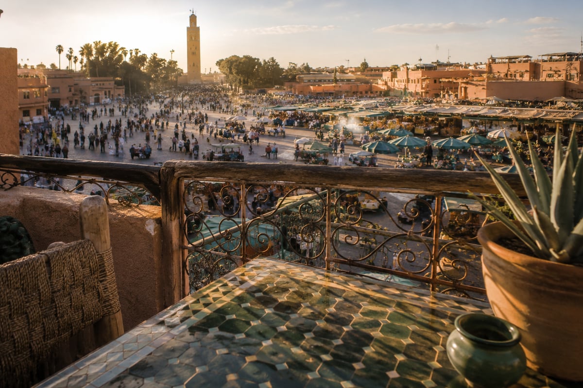 A Marrakech rooftop restaurant table overlooking the medina, no clear faces