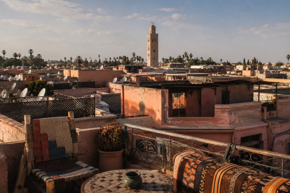 A Marrakech medina rooftop view with the Koutoubia in the distance, no clear faces