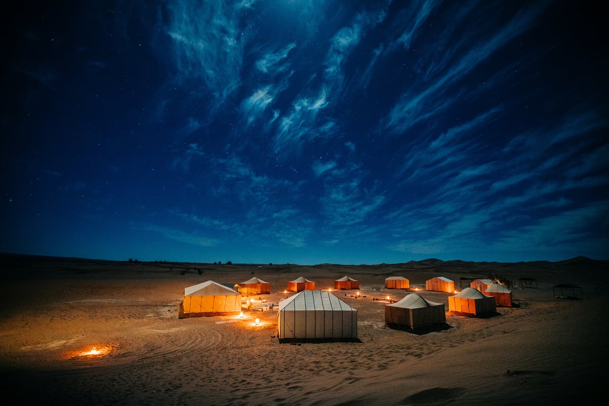 A desert camp with tents at the foot of dunes at dusk, no faces