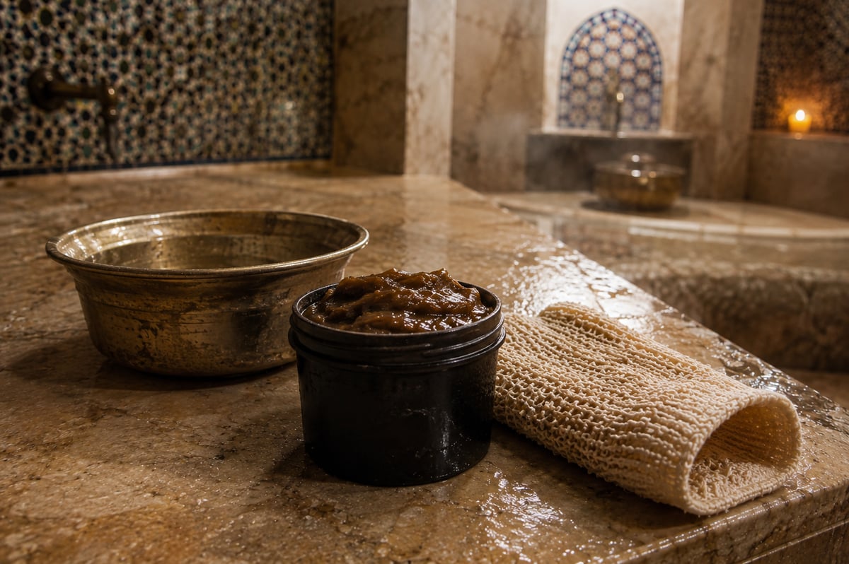 Black soap, a scrubbing mitt and a bowl in a hammam setting, no faces