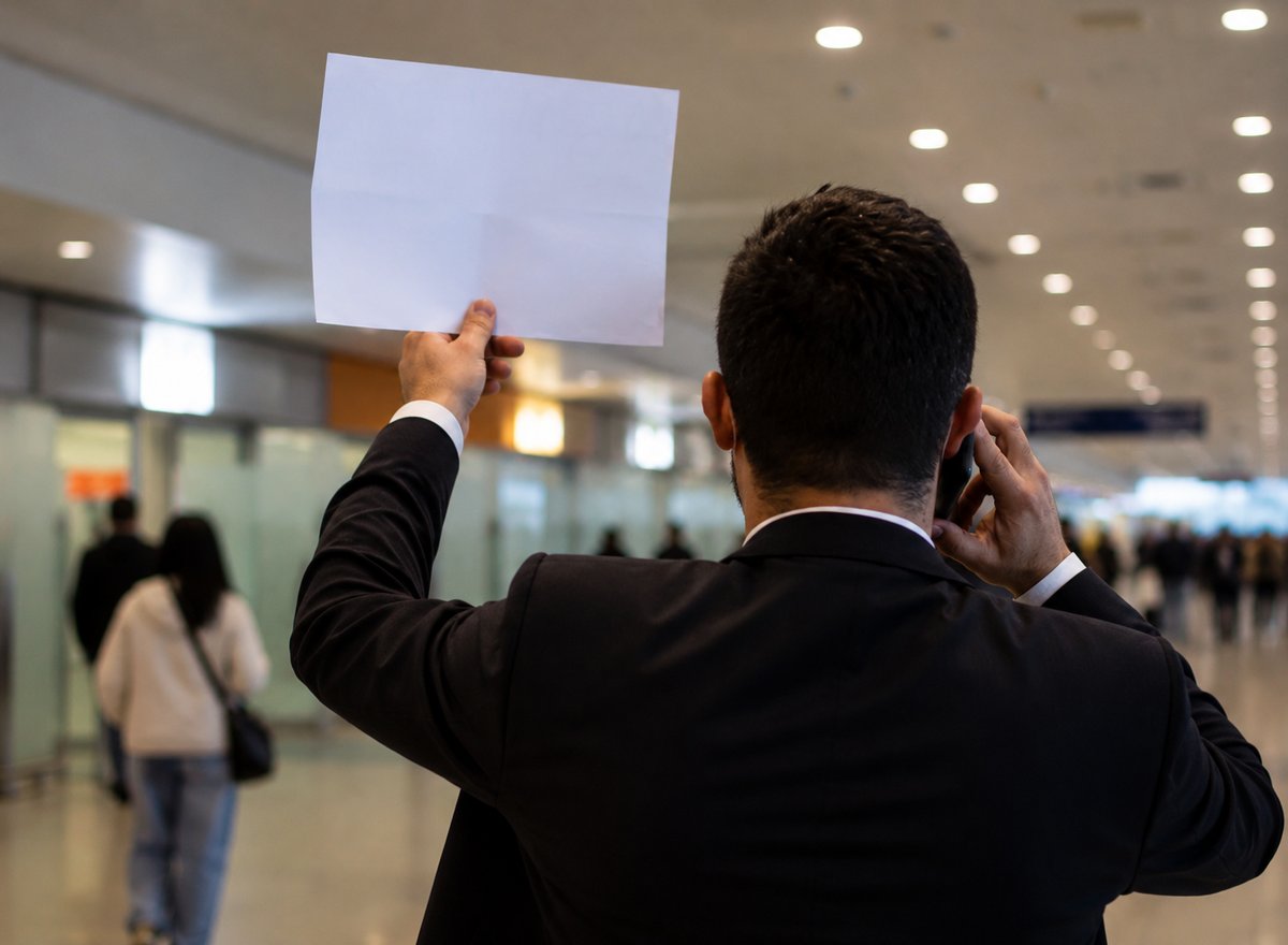 A driver waiting with a name sign in an airport arrivals hall, no clear faces