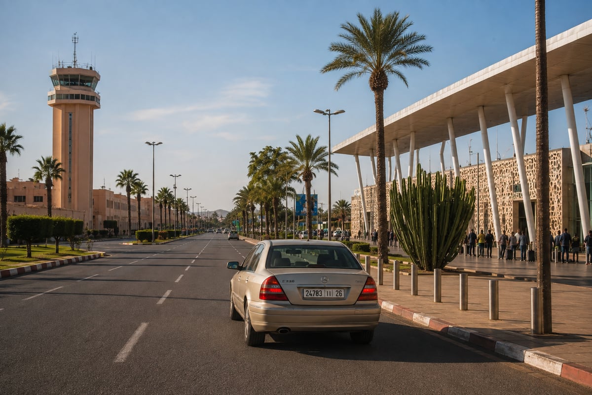 A car leaving a Moroccan airport toward the city, no clear faces
