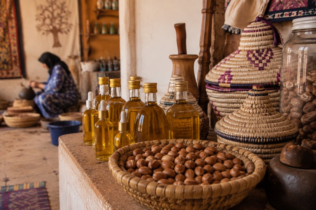 Bottles of argan oil and raw nuts displayed at a cooperative, no faces