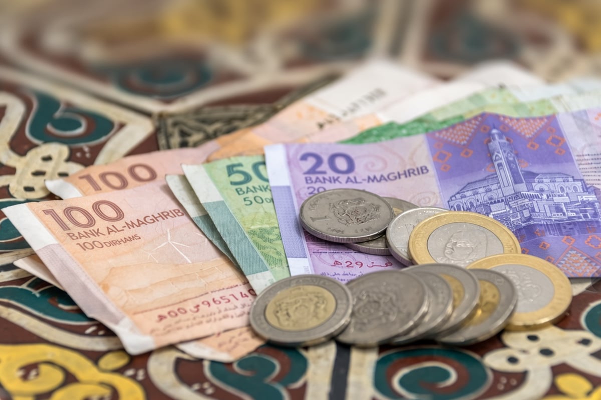 Moroccan dirham banknotes fanned out, no hands, no faces