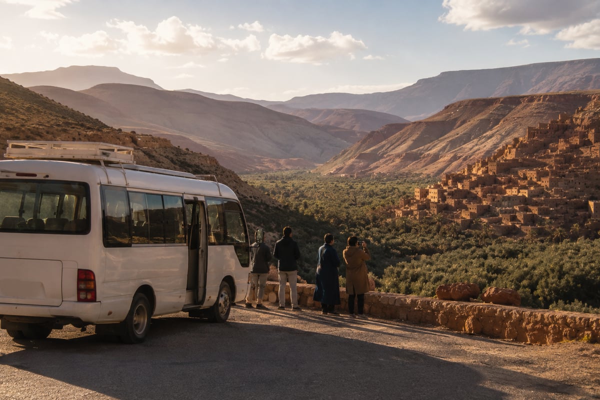 A tour minibus at a scenic Moroccan viewpoint, no clear faces