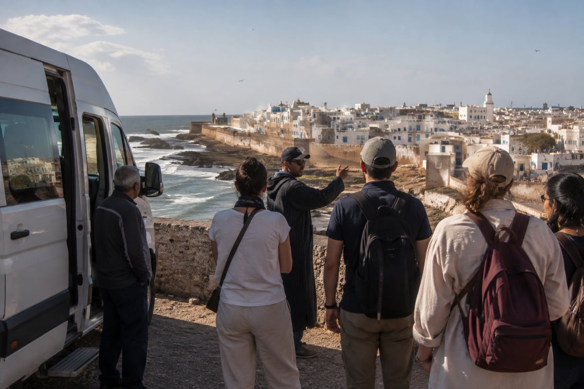 A group of travelers at a Moroccan monument with a guide, no clear faces