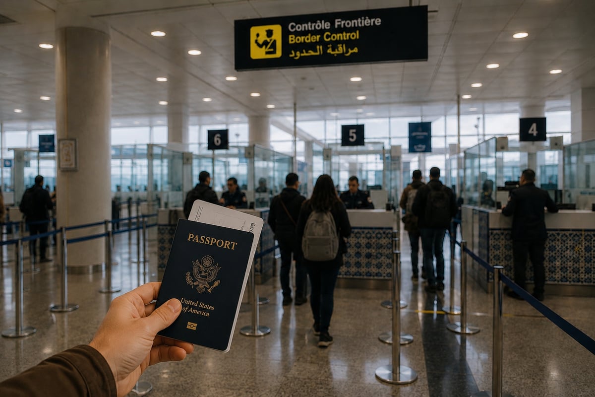 A passport control hall at a Moroccan airport, no clear faces
