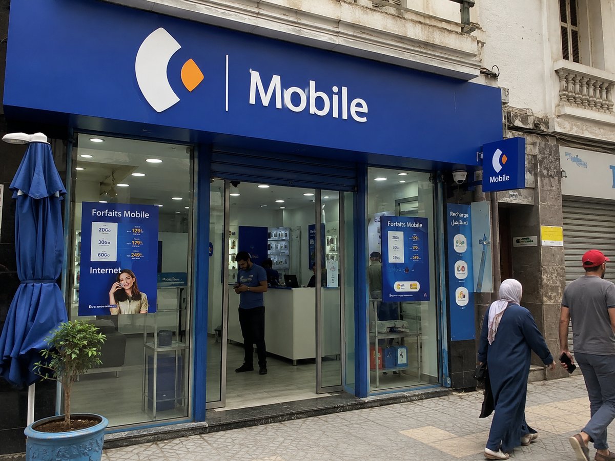 A mobile operator shop front in a Moroccan city street, signage generic, no people identifiable