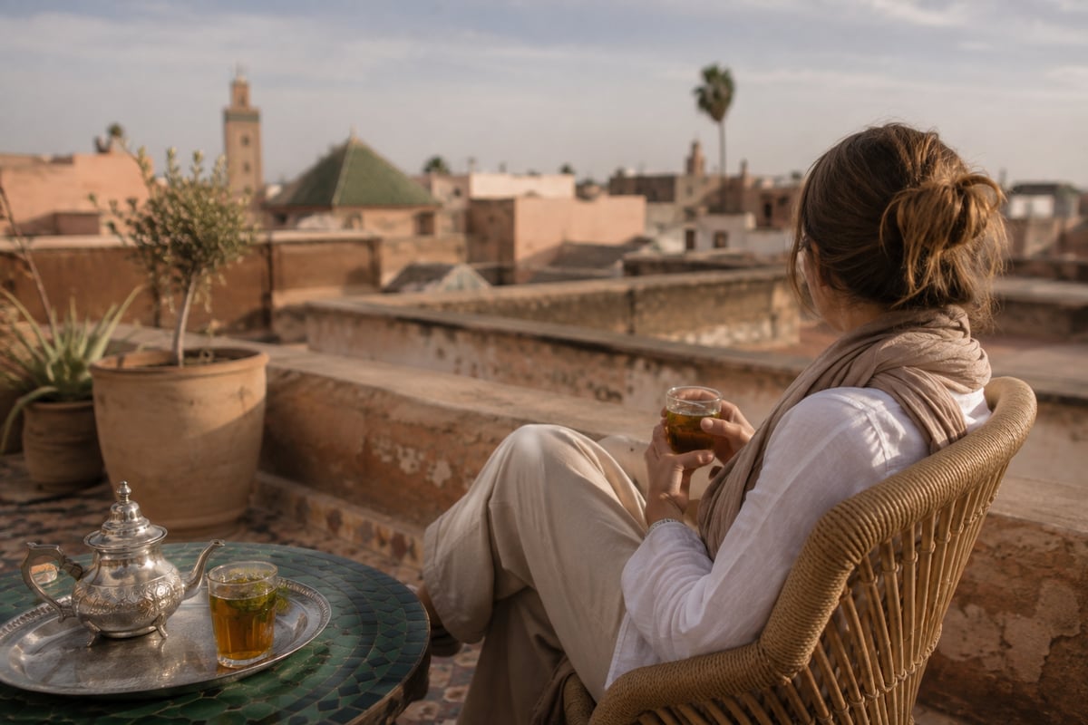 A relaxed traveler pausing over mint tea in a calm Moroccan setting, no faces