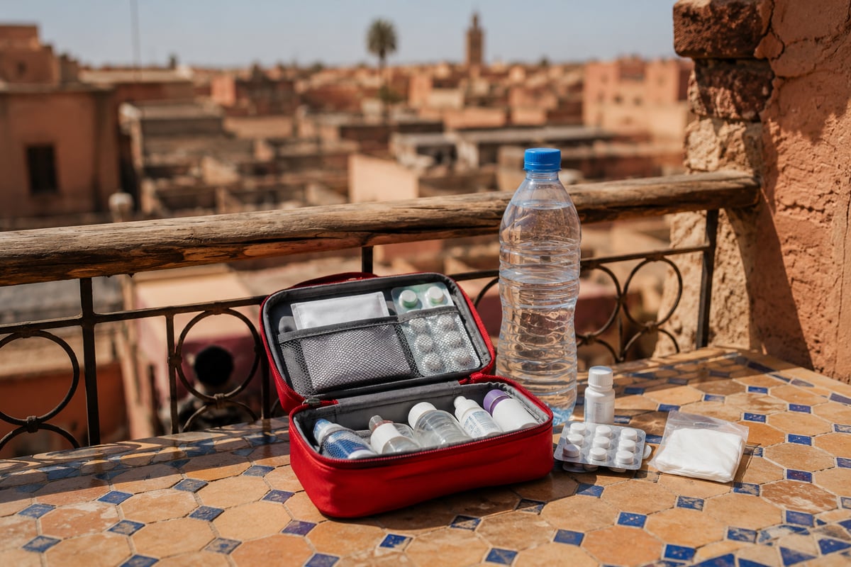 A small travel medical kit and water bottle laid out, no faces