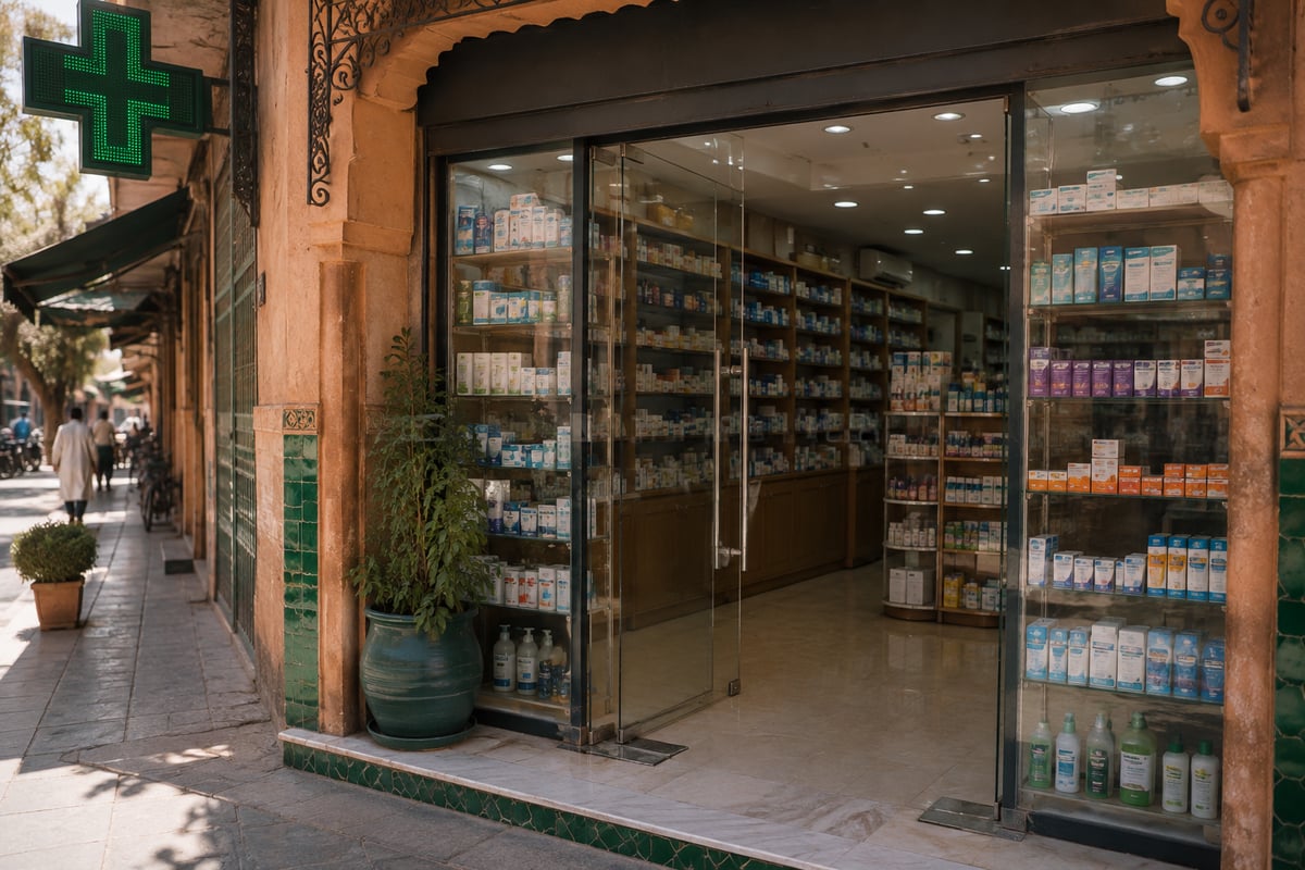 A well-stocked pharmacy storefront in a Moroccan city, no faces