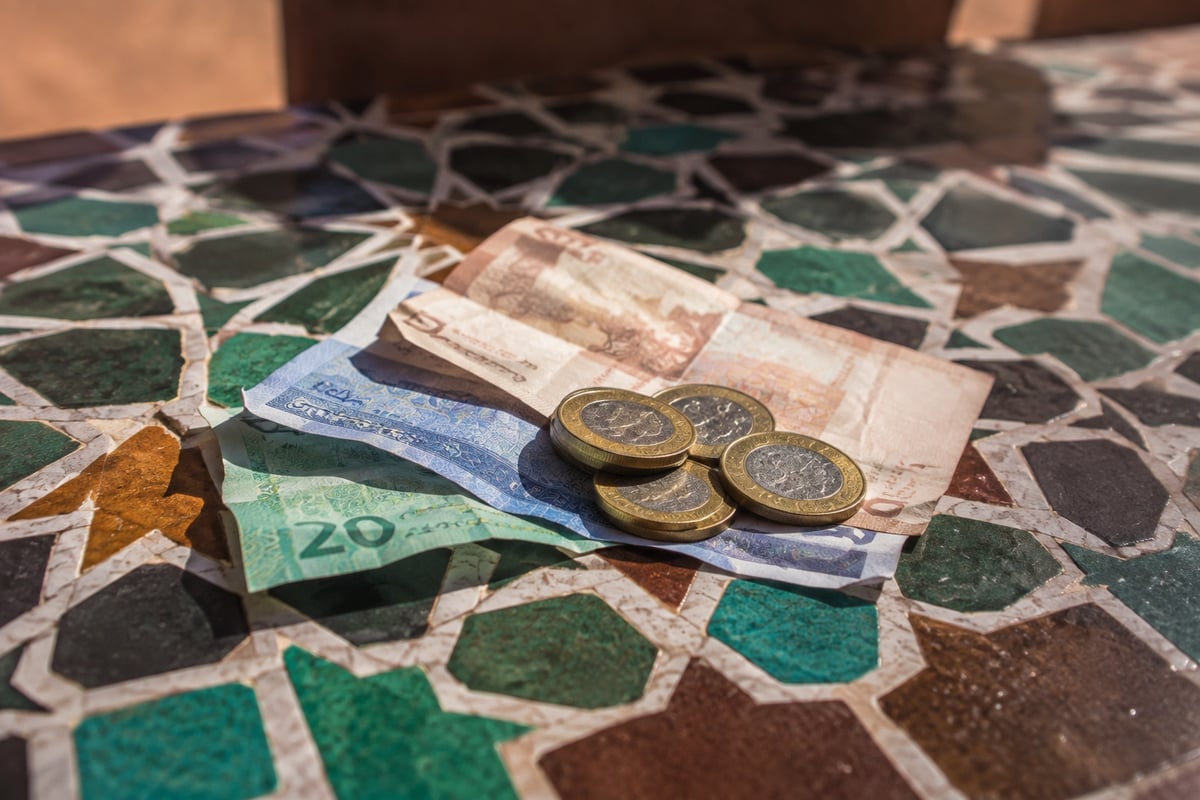 A small pile of Moroccan dirham notes and coins on a table, no hands or faces