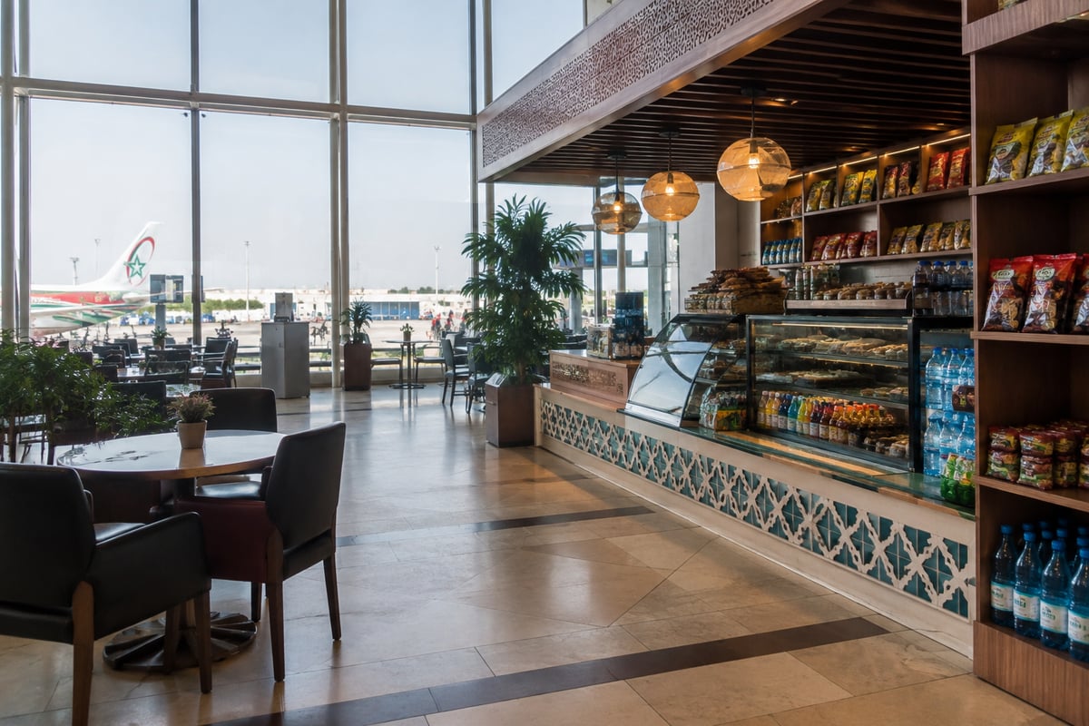 A departures area cafe or shop in a Moroccan airport, no faces