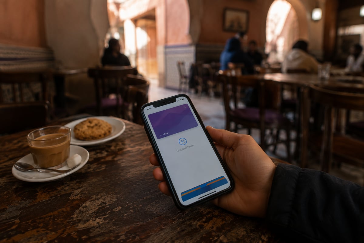 A phone showing a payment or maps app in a Moroccan cafe, no clear faces