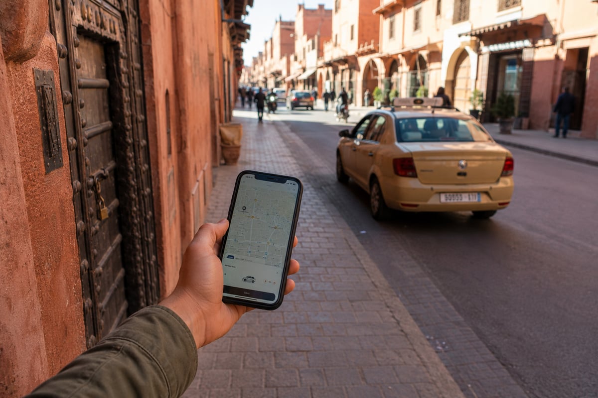 A hand holding a phone with a ride-hail map in a Moroccan street, no clear faces