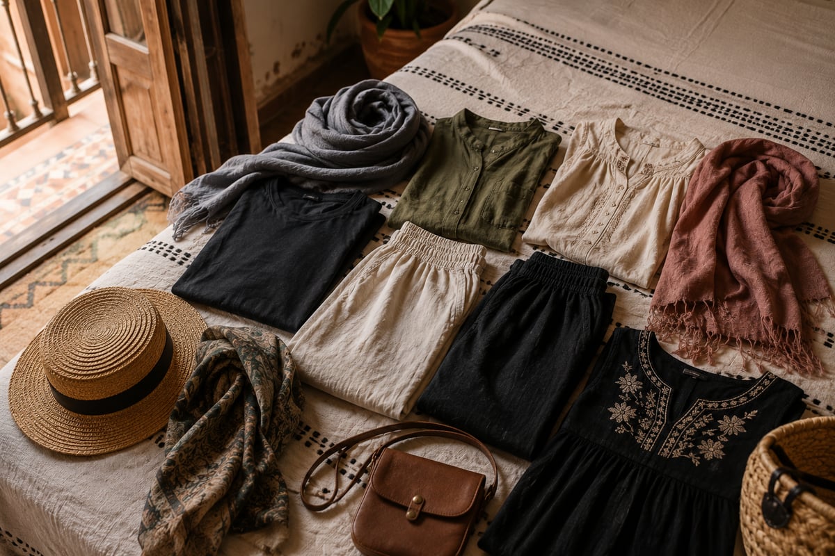 A flat-lay of modest, layered travel clothing and a scarf, no faces