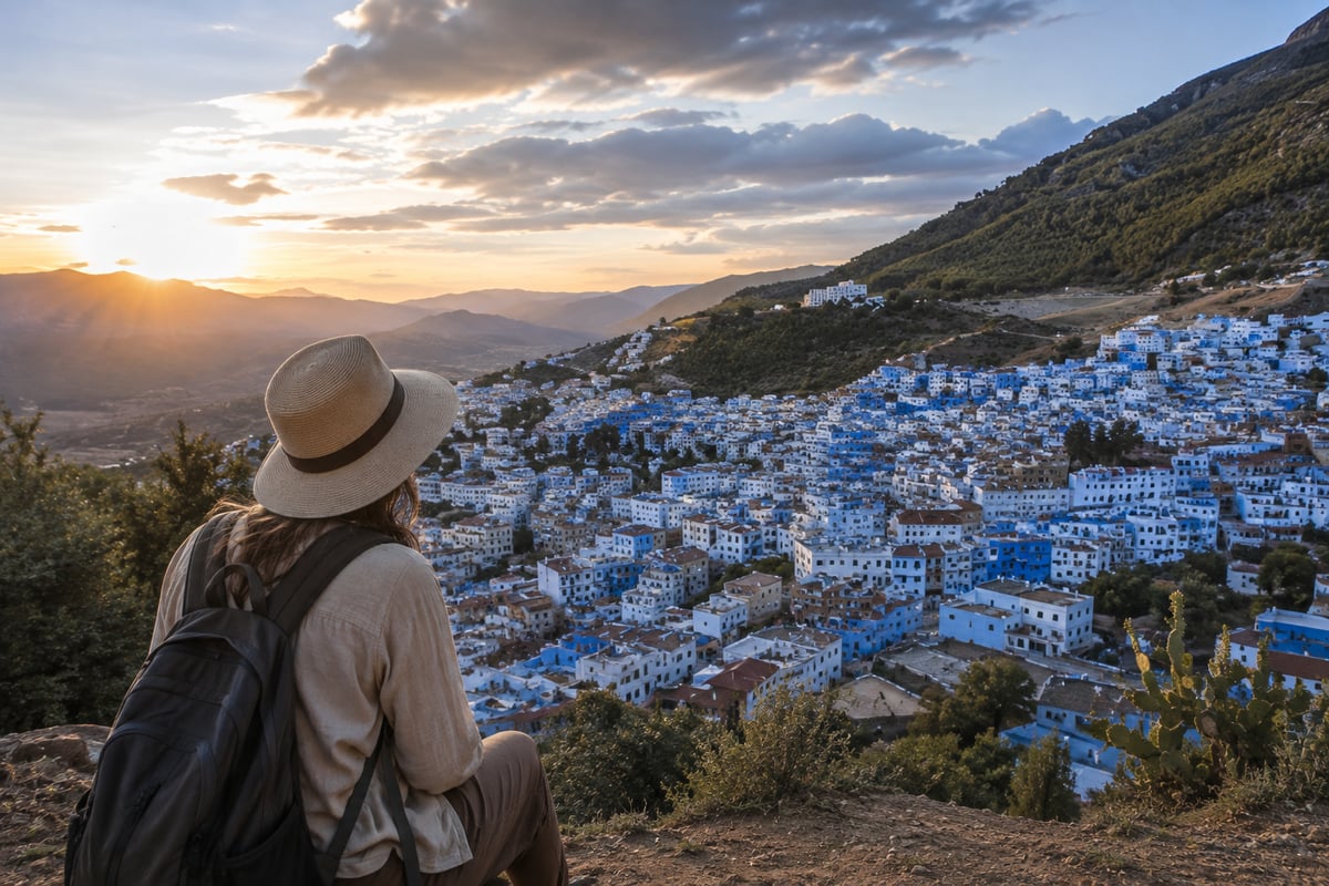 A woman in modest travel clothing overlooking a Moroccan scene, no clear face