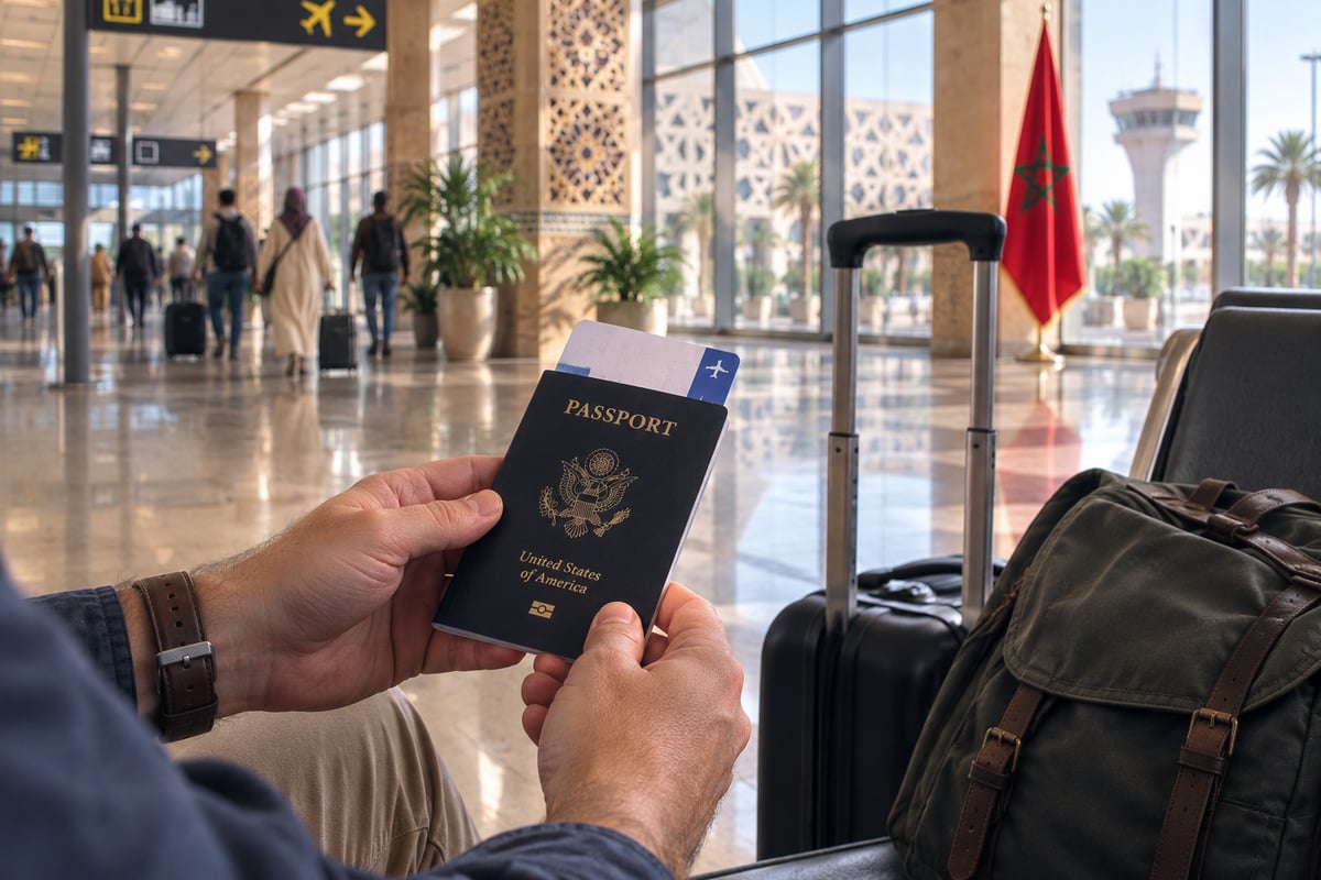 A traveler's hands holding a passport at an airport, no face, no readable details