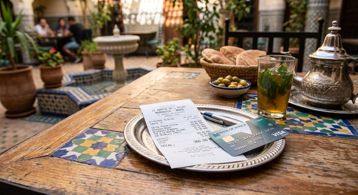 A restaurant bill and card on a table in Morocco, no faces, no readable card numbers