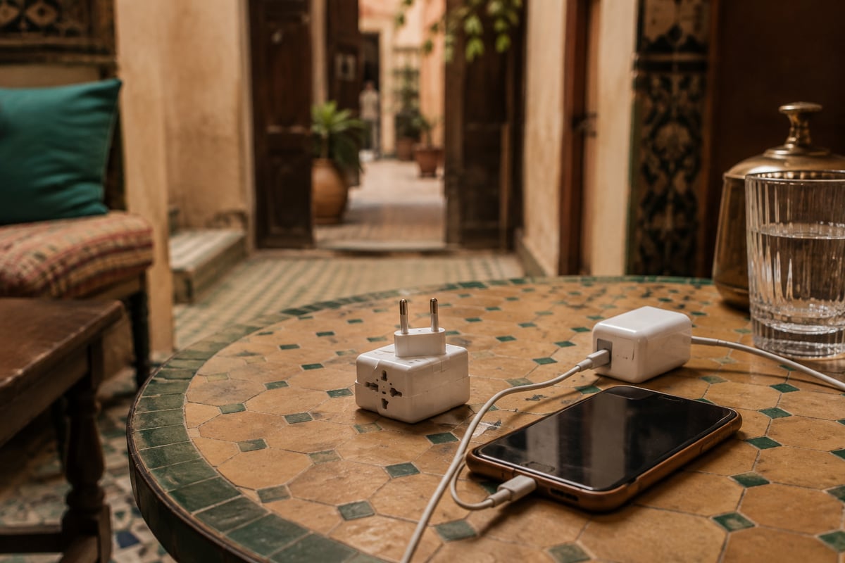 A European-style plug adapter and phone charger on a table, no faces