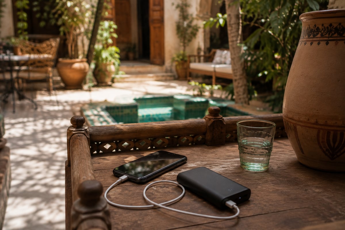 A power bank charging a phone in a riad or desert setting, no faces