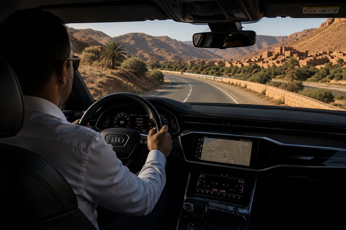 A comfortable car on a scenic Moroccan road with a driver, no clear faces