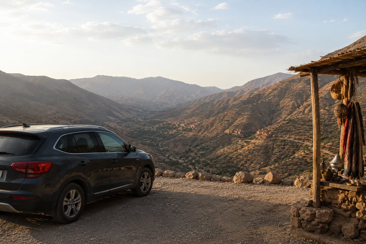 A car parked at a viewpoint in the Atlas or desert, no clear faces