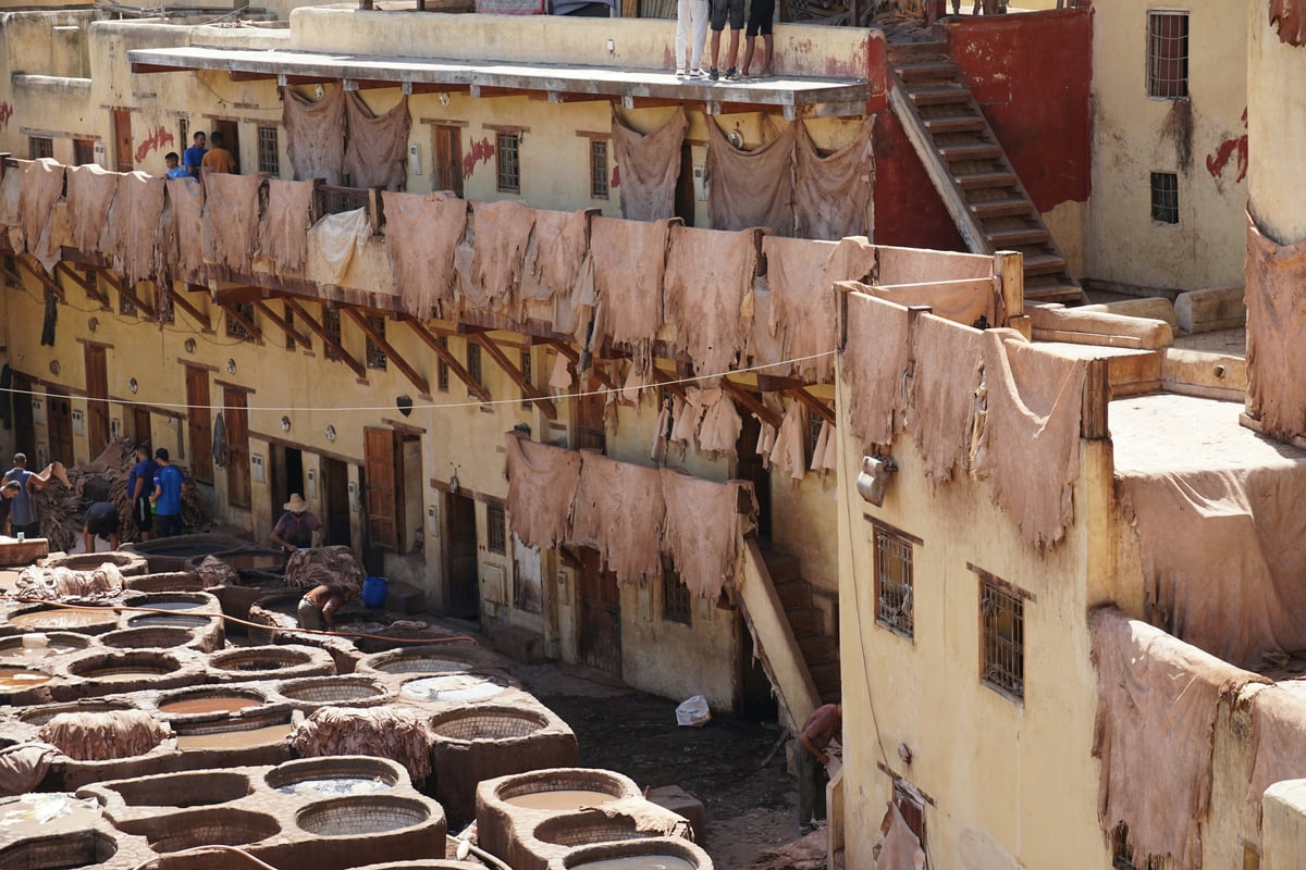 A leather workshop or artisan cooperative interior showing craft work, no faces