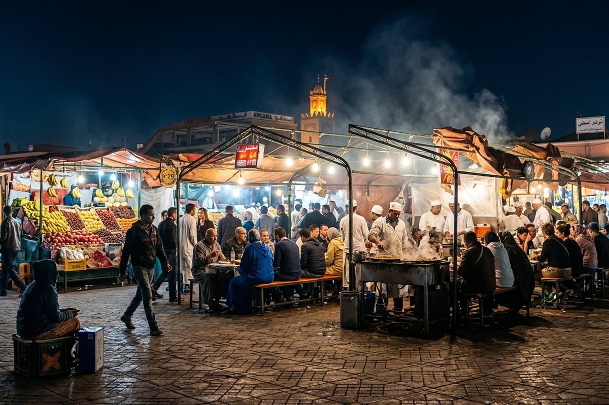 A busy Moroccan street food stall with grilled food and a crowd, no clear faces