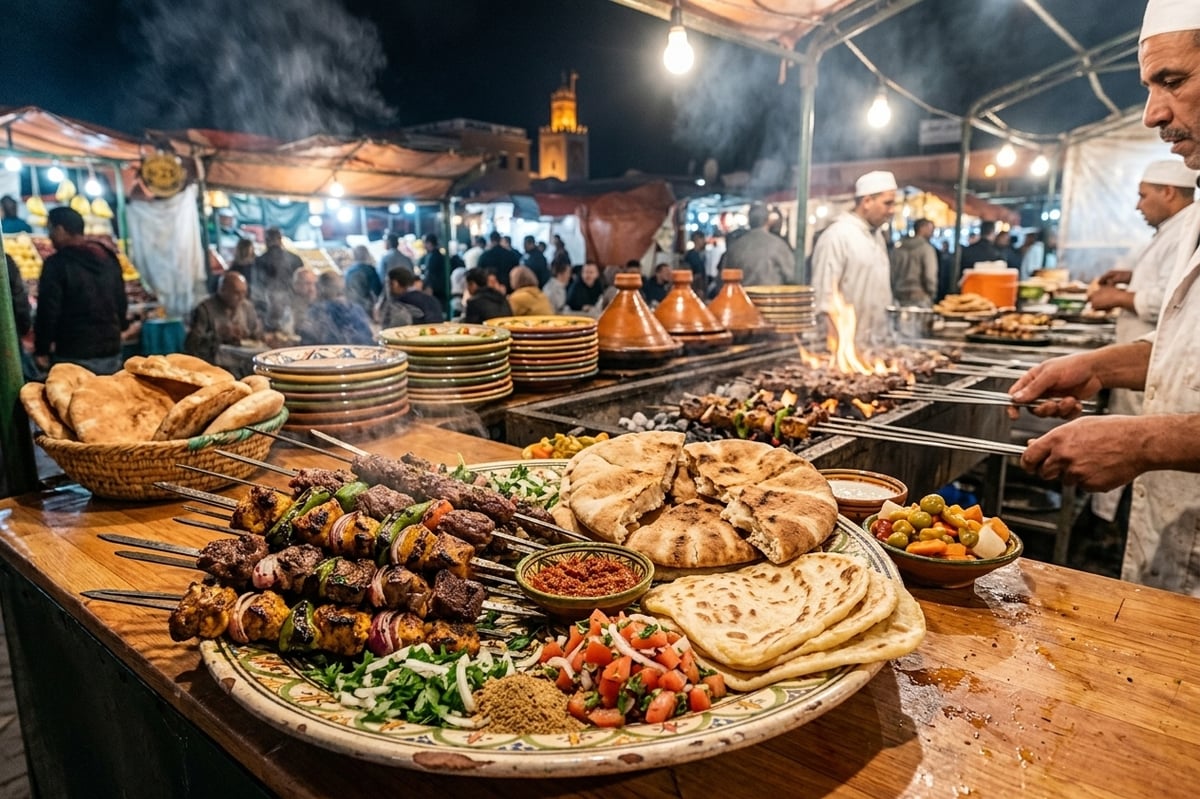 A plate of grilled brochettes and bread at a Moroccan stall, no faces