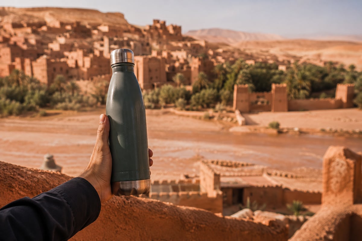 A reusable water bottle held against a desert or city backdrop, no faces