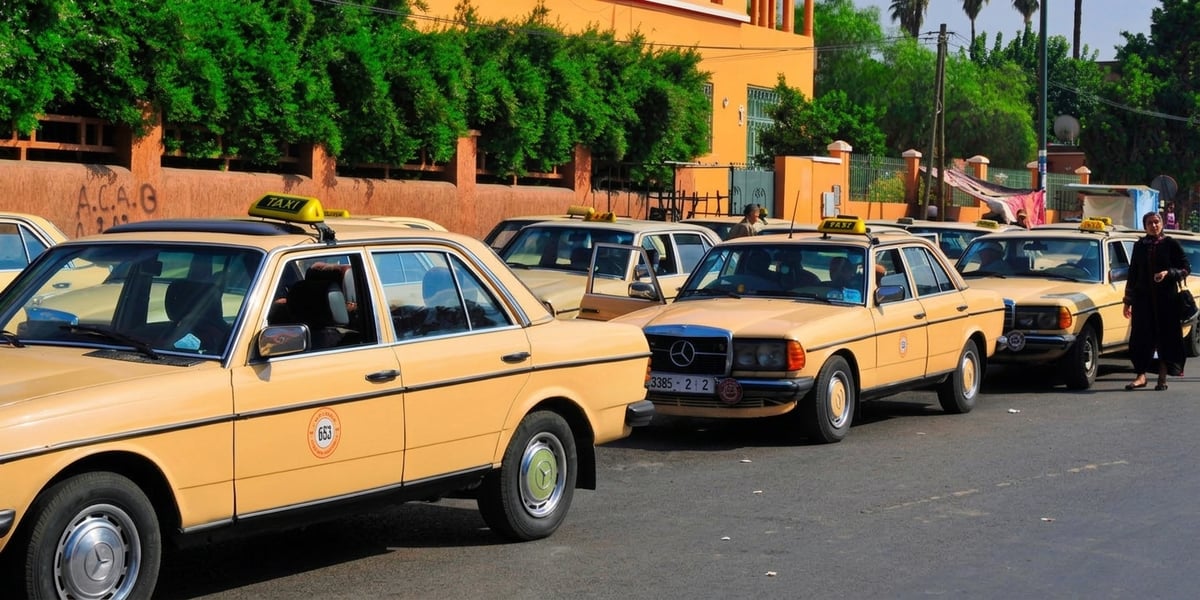 A shared grand taxi (older Mercedes sedan) at a taxi rank, no clear faces