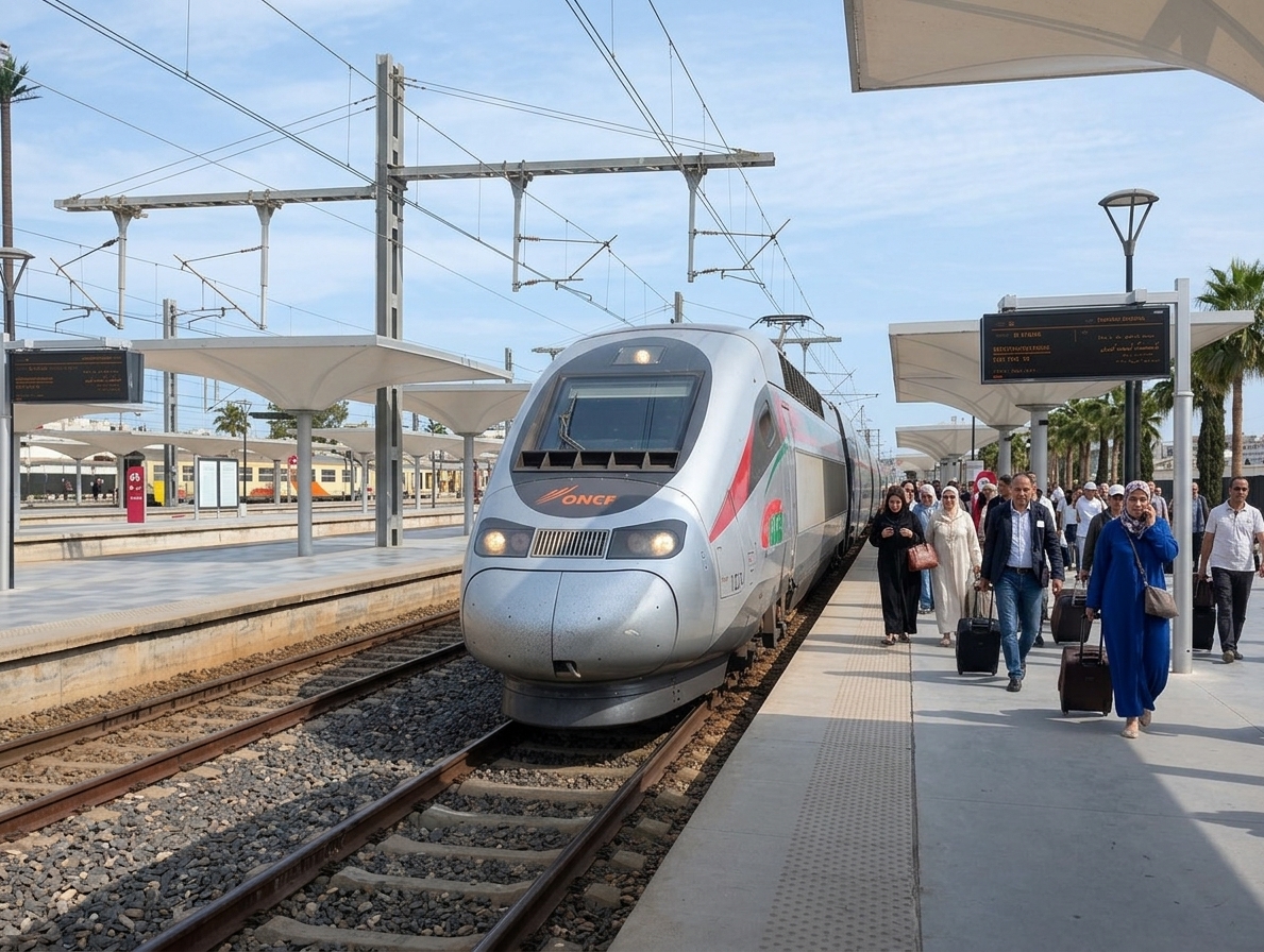 A modern ONCF train at a Moroccan station platform, no clear faces