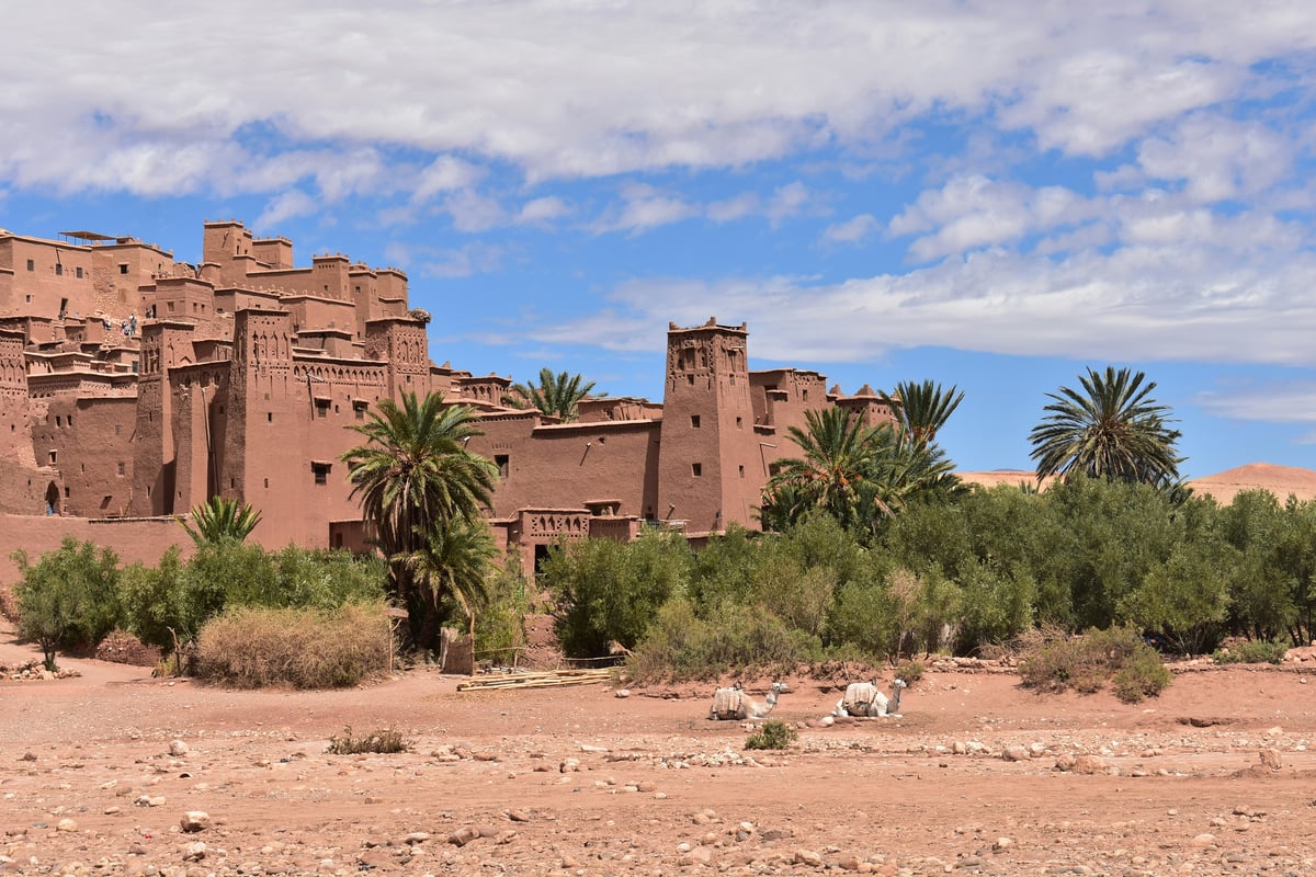 A montage-feel landscape of Moroccan coast, desert and mountains, no faces