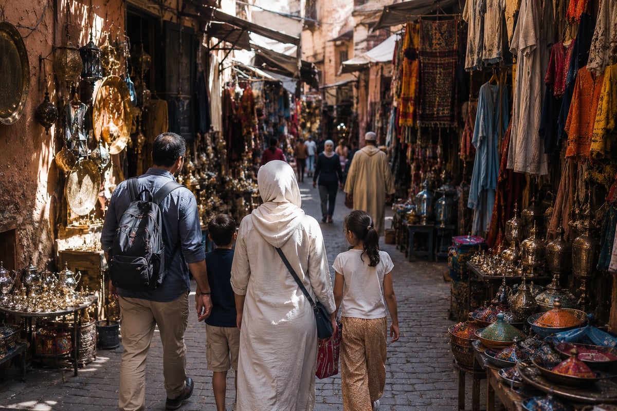 A family walking through a colourful Moroccan market, no clear faces