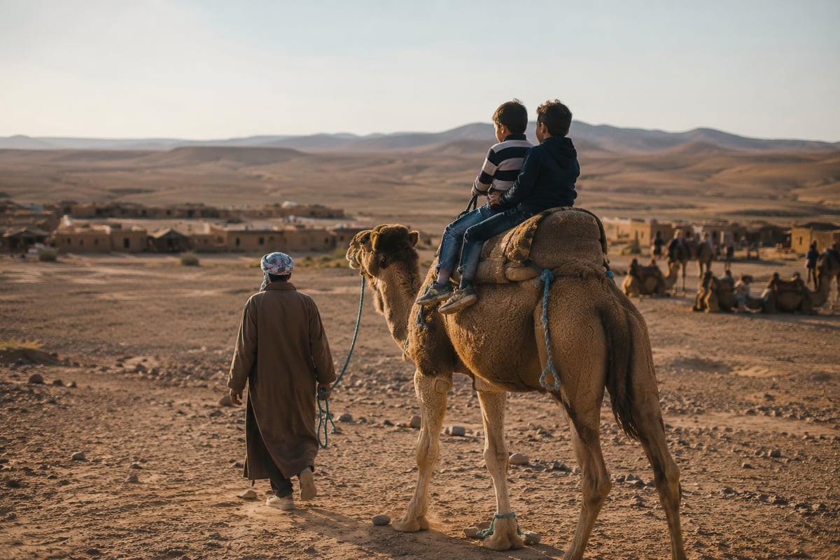 Children enjoying a camel or desert scene in Morocco, no clear faces
